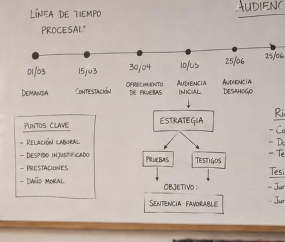Pizarrón con la línea de tiempo procesal de un caso: demanda, contestación, ofrecimiento de pruebas y audiencias.